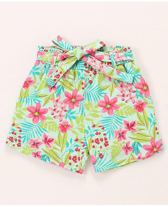 Babyhug Single Jersey Knit Frill Sleeves Top & Shorts Co-Ord Set With Floral & Leaf Print - Sea Green