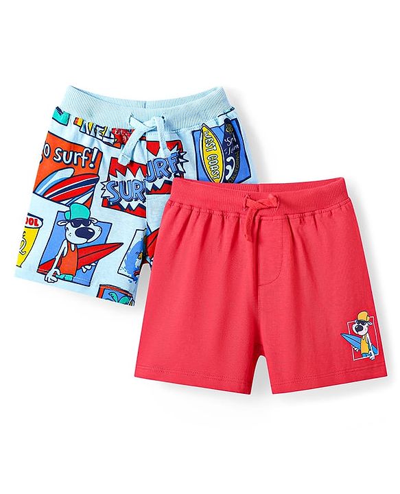 Babyhug Cotton Knit Mid Thigh Length Shorts with Beach Theme Print Pack of 2 - Red & Light Blue