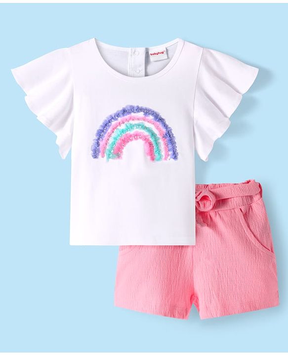 Babyhug Single Jersey Knit Half Flutter Sleeves  Top & Shorts Set With Sequin Detailing - White & Pink