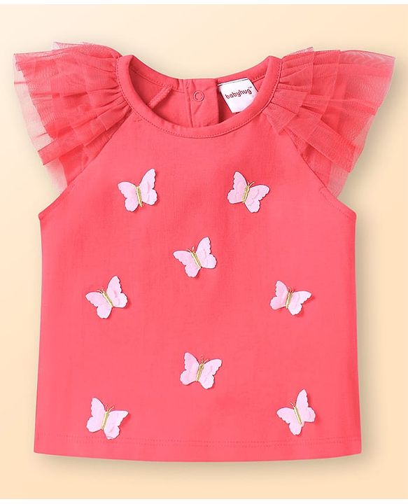 Babyhug Single Jersey Knit Sleeveless Top & Shorts Set With Butterfly Applique - Dark Pink