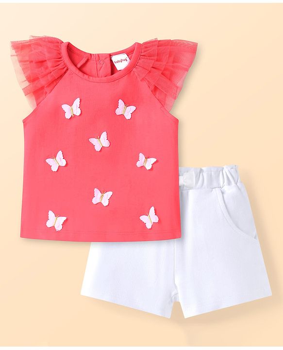 Babyhug Single Jersey Knit Sleeveless Top & Shorts Set With Butterfly Applique - Dark Pink