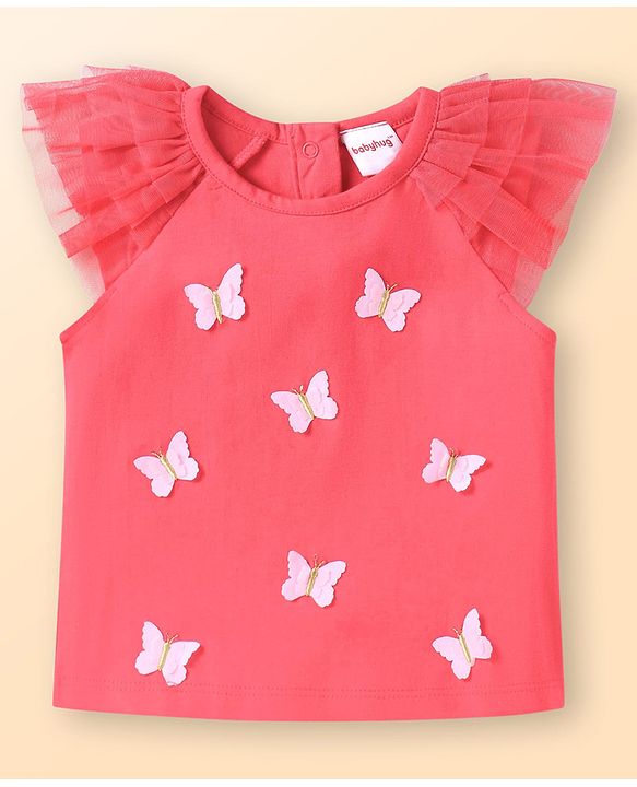 Babyhug Single Jersey Knit Sleeveless Top & Shorts Set With Butterfly Applique - Dark Pink