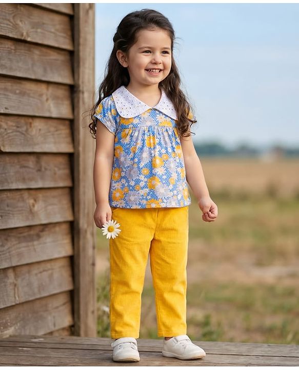 Babyhug Single Jersey Knit Half Sleeves Peter Pan Collared Top & Trouser Set with Floral Print - Yellow