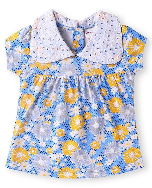 Babyhug Single Jersey Knit Half Sleeves Peter Pan Collared Top & Trouser Set with Floral Print - Yellow
