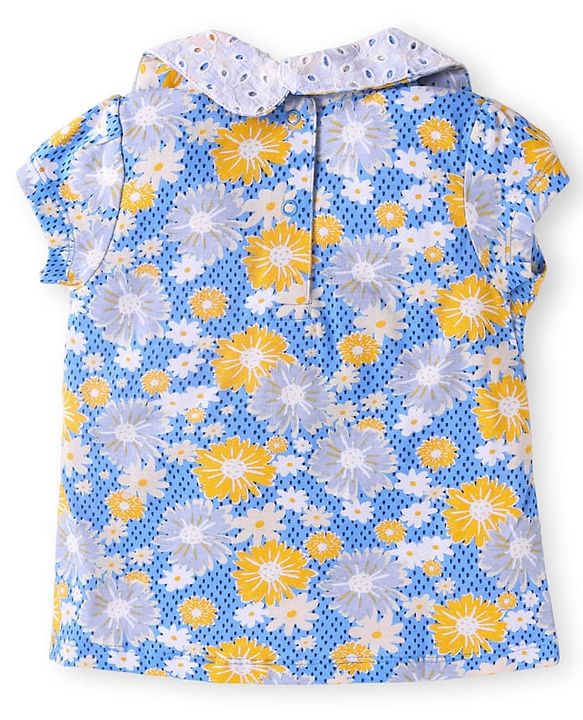Babyhug Single Jersey Knit Half Sleeves Peter Pan Collared Top & Trouser Set with Floral Print - Yellow
