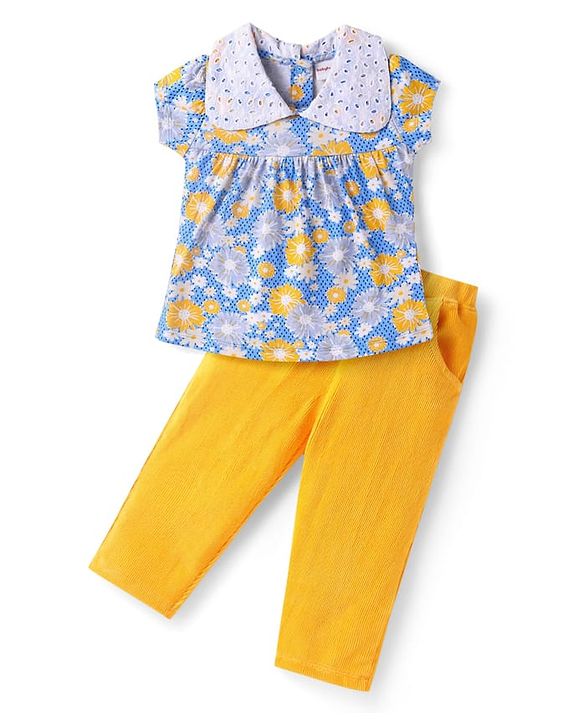 Babyhug Single Jersey Knit Half Sleeves Peter Pan Collared Top & Trouser Set with Floral Print - Yellow