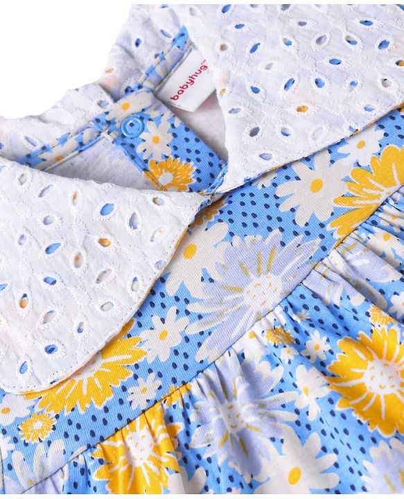 Babyhug Single Jersey Knit Half Sleeves Peter Pan Collared Top & Trouser Set with Floral Print - Yellow