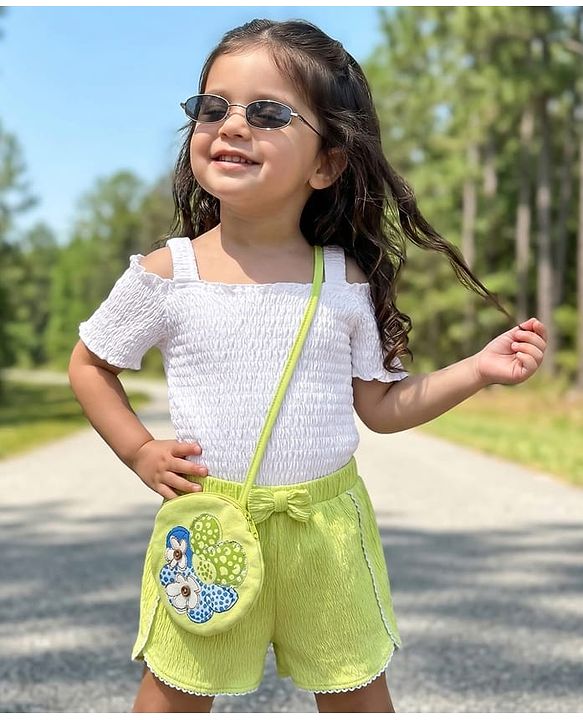 Babyhug Single Jersey Knit Half Cold Shoulder Sleeves Solid Color Textured Top & Shorts Set with Sling Bag & Bow Applique - White & Neon Green