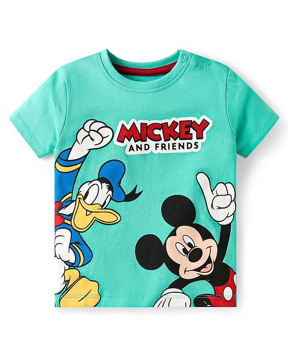 Babyhug Disney Single Jersey Knit Half Sleeves Shorts Night Suit With Mickey Mouse Graphics - Turquoise Green