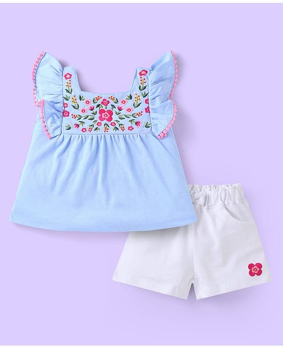 Babyhug Single Jersey Knit Frill Sleeves Top & Shorts Set with Floral Embroidery -  White & Light Blue