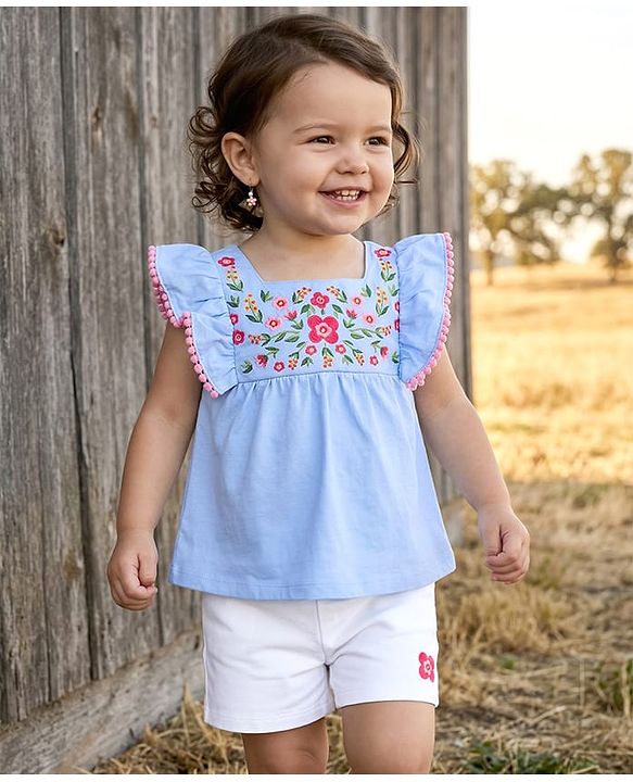 Babyhug Single Jersey Knit Frill Sleeves Top & Shorts Set with Floral Embroidery -  White & Light Blue