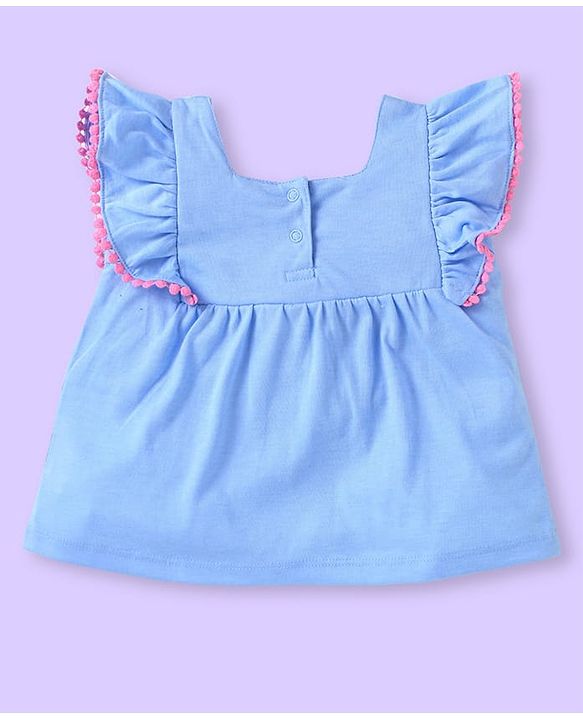 Babyhug Single Jersey Knit Frill Sleeves Top & Shorts Set with Floral Embroidery -  White & Light Blue