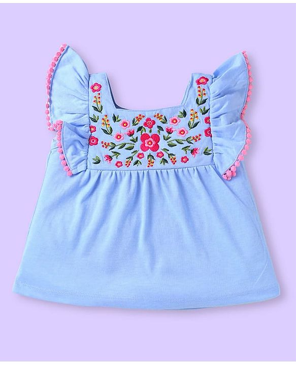 Babyhug Single Jersey Knit Frill Sleeves Top & Shorts Set with Floral Embroidery -  White & Light Blue
