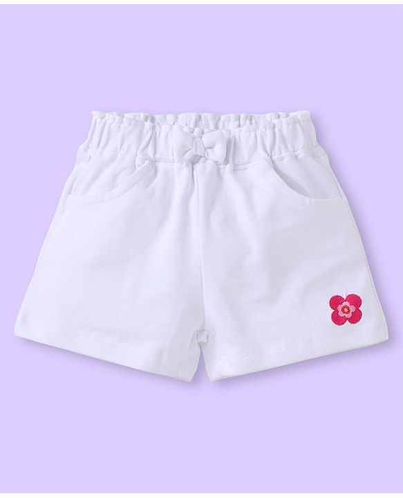 Babyhug Single Jersey Knit Frill Sleeves Top & Shorts Set with Floral Embroidery -  White & Light Blue