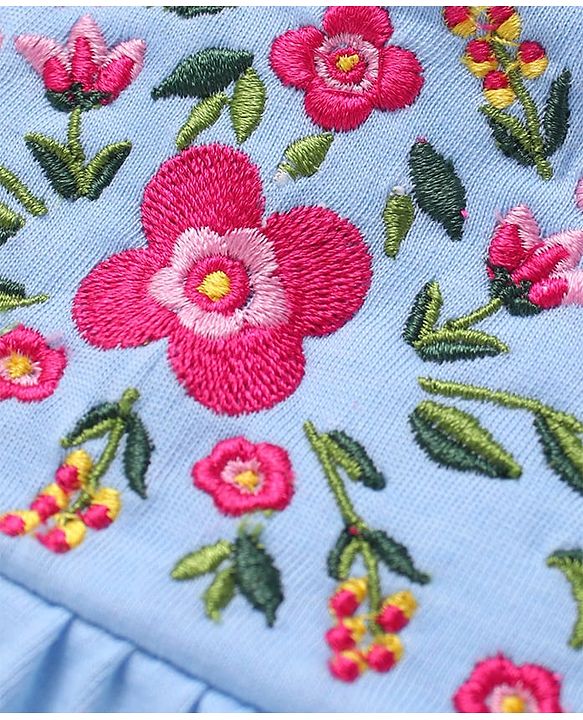 Babyhug 100% Cotton Single Jersey Knit Frill Sleeves Top & Shorts Set with Floral Embroidery - White & Light Blue
