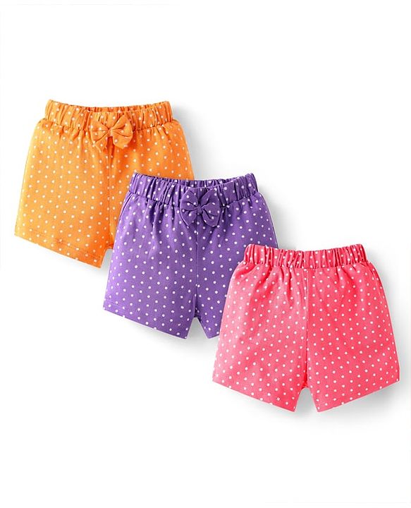 Babyhug Single Jersey Knit Shorts with Polka Dots & Bow Applique Pack of 3 - Pink & Purple
