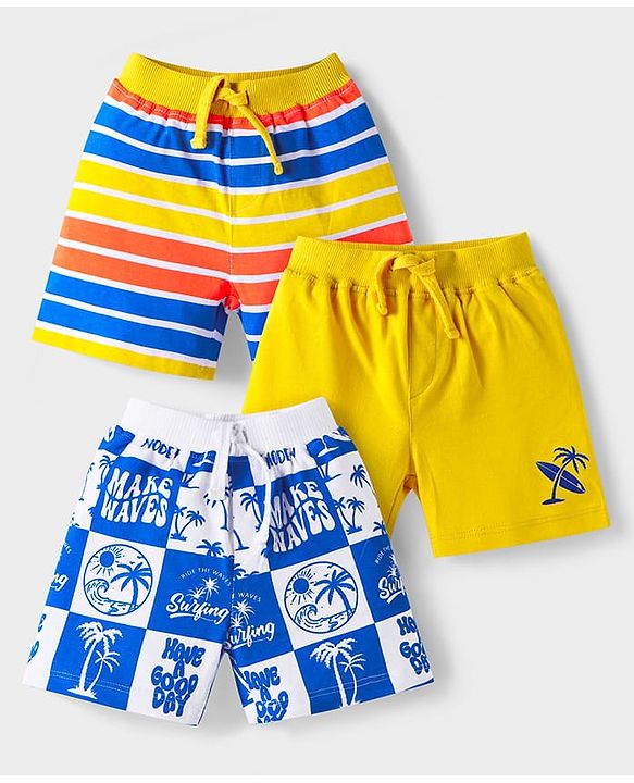 Babyhug Cotton Knit Mid Thigh Length Shorts with Beach Theme Print & Stripes Pack of 3 - Yellow & Blue