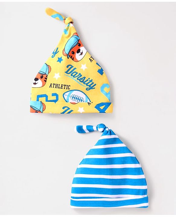 Babyhug Interlock Knit Striped & Tiger Print Caps Pack Of 2 Blue & Yellow - Diameter 14