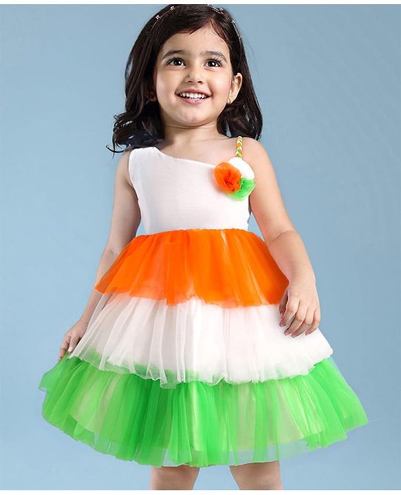 Babyhug Woven Sleeveless Tricolour Party Frock With Floral Applique - White Orange & Green