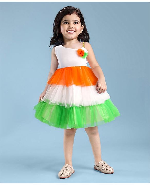 Babyhug Woven Sleeveless Tricolour Party Frock With Floral Applique - White Orange & Green