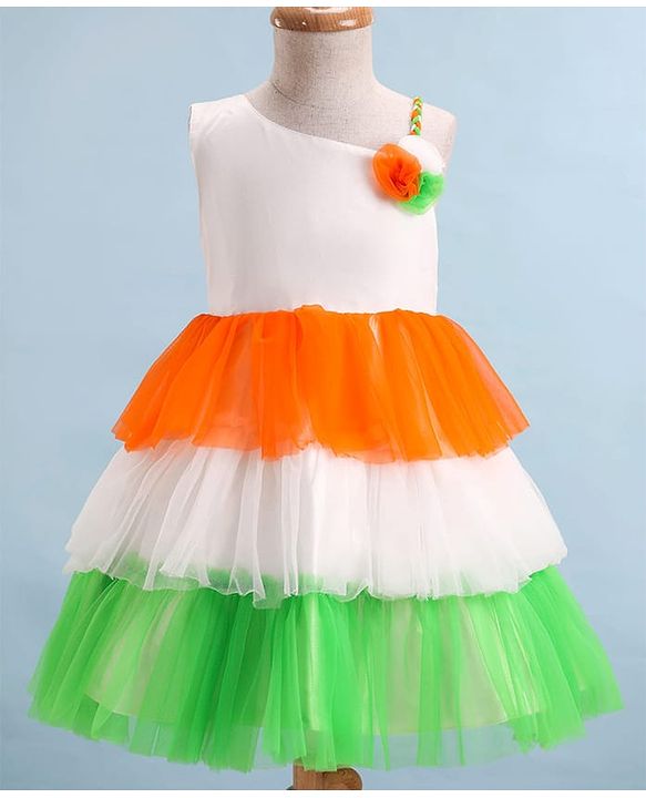 Babyhug Woven Sleeveless Tricolour Party Frock With Floral Applique - White Orange & Green