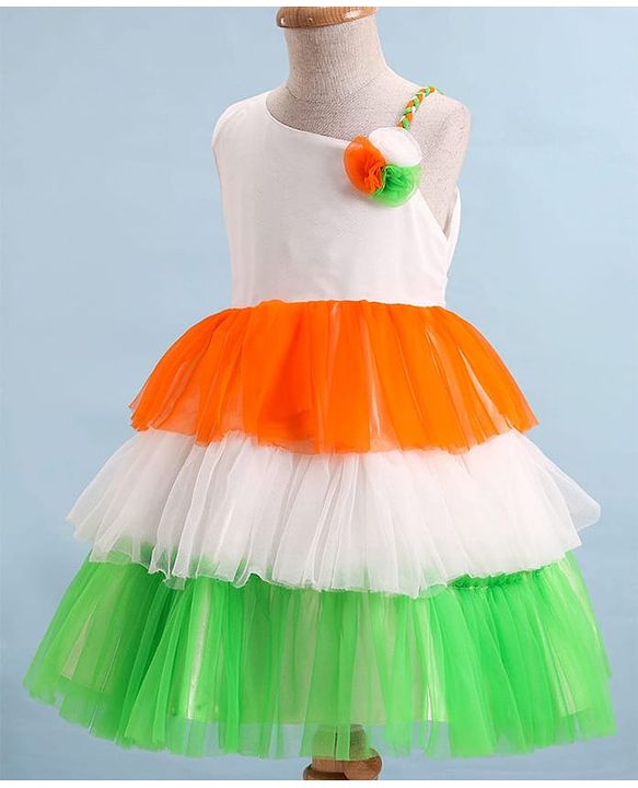 Babyhug Woven Sleeveless Tricolour Party Frock With Floral Applique - White Orange & Green
