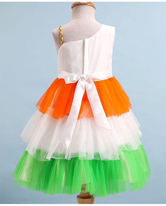 Babyhug Woven Sleeveless Tricolour Party Frock With Floral Applique - White Orange & Green