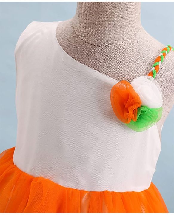 Babyhug Woven Sleeveless Tricolour Party Frock With Floral Applique - White Orange & Green