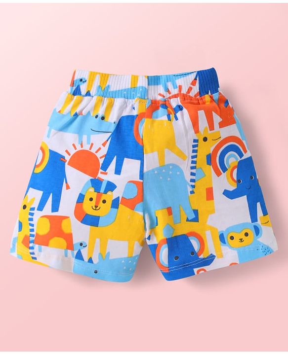 Babyhug Cotton Single Jersey Knit Mid Thigh Length Shorts with Animal Print & Stripes Pack of 3 - Blue & White