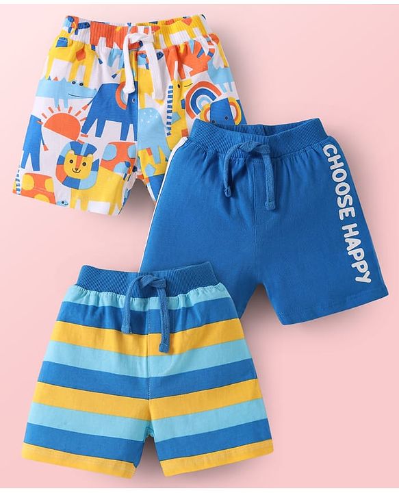 Babyhug Cotton Single Jersey Knit Mid Thigh Length Shorts with Animal Print & Stripes Pack of 3 - Blue & White