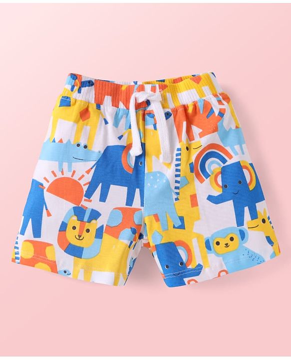 Babyhug Cotton Single Jersey Knit Mid Thigh Length Shorts with Animal Print & Stripes Pack of 3 - Blue & White