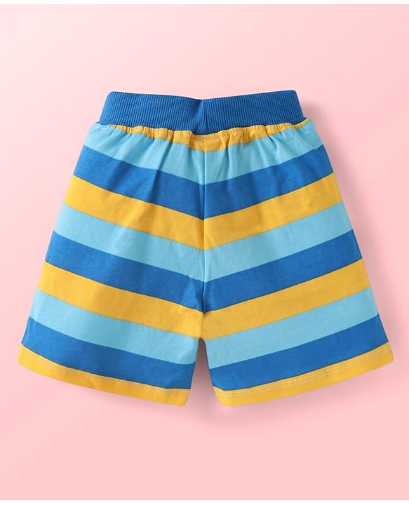 Babyhug Cotton Single Jersey Knit Mid Thigh Length Shorts with Animal Print & Stripes Pack of 3 - Blue & White