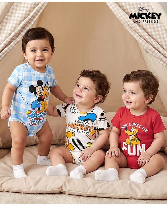 Babyhug Disney Interlock Knit Half Sleeves Onesies with Mickey & Friends Graphics Pack of 3 - White Light Blue & Red