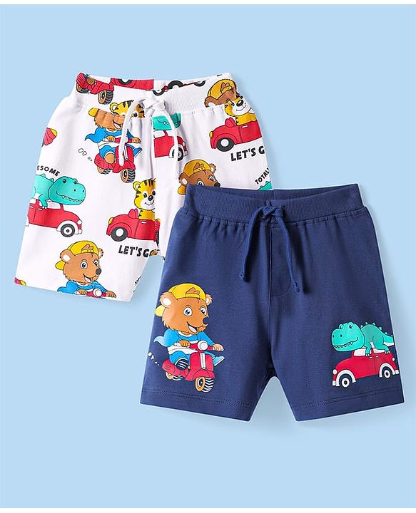 Babyhug Cotton Knit Mid Thigh Length Shorts with Animal & Vehicle Print Pack of 2 - Navy Blue & White