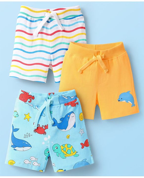 Babyhug Cotton Knit Mid Thigh Shorts with Sea Life Print & Stripes Pack of 3 - Yellow White & Light Blue