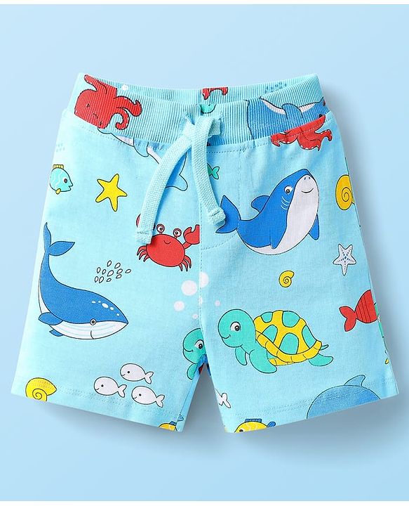 Babyhug Cotton Knit Mid Thigh Shorts with Sea Life Print & Stripes Pack of 3 - Yellow White & Light Blue