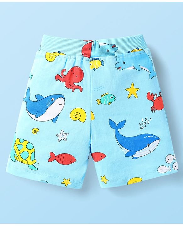 Babyhug Cotton Knit Mid Thigh Shorts with Sea Life Print & Stripes Pack of 3 - Yellow White & Light Blue