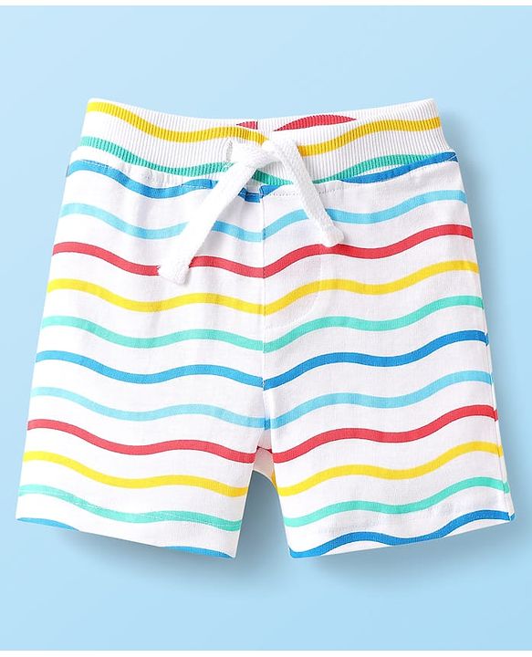 Babyhug Cotton Knit Mid Thigh Shorts with Sea Life Print & Stripes Pack of 3 - Yellow White & Light Blue