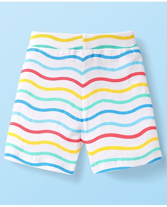 Babyhug Cotton Knit Mid Thigh Shorts with Sea Life Print & Stripes Pack of 3 - Yellow White & Light Blue