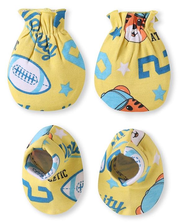 Babyhug 100% Cotton Knit Mittens & Booties Set with Sports Theme Print - Yellow
