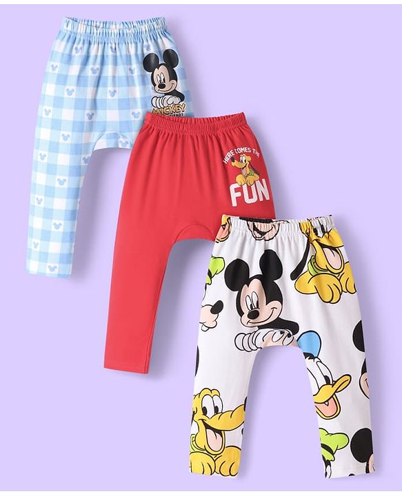 Babyhug Disney Interlock Knit Ankle Length Diaper Leggings with Mickey & Friends Graphics Pack of 3 - Red White & Light Blue