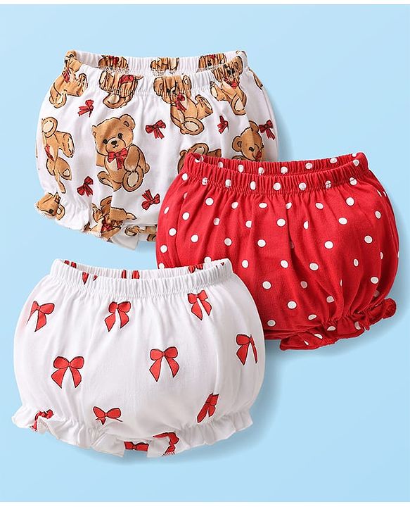 Babyhug 100% Cotton Knit Teddy Bear Polka Dot & Bow Printed Bloomers Pack of 3 - White & Red