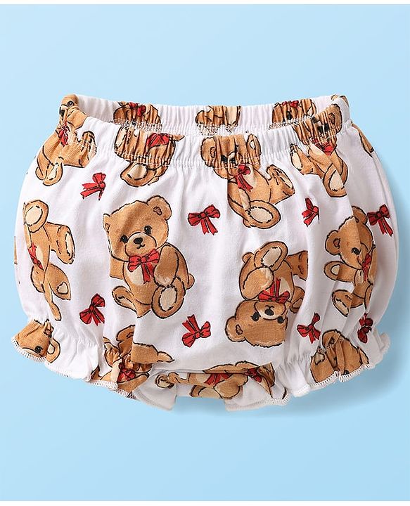 Babyhug 100% Cotton Knit Teddy Bear Polka Dot & Bow Printed Bloomers Pack of 3 - White & Red