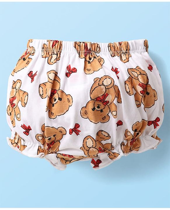 Babyhug 100% Cotton Knit Teddy Bear Polka Dot & Bow Printed Bloomers Pack of 3 - White & Red