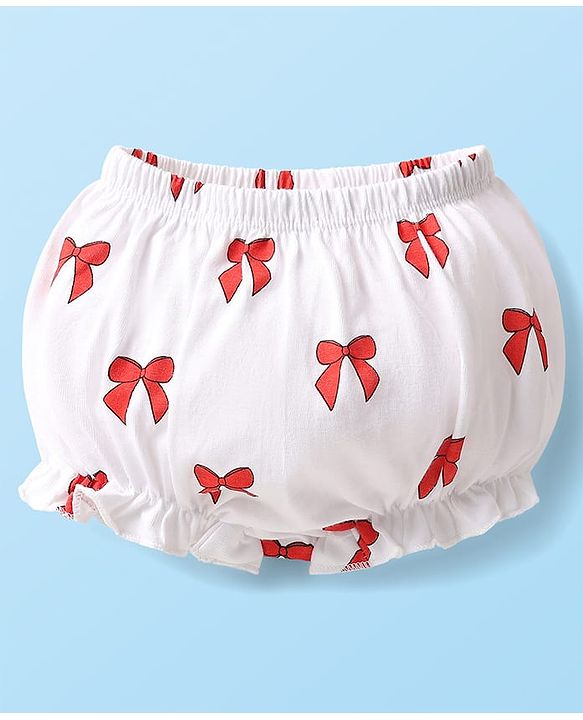 Babyhug 100% Cotton Knit Teddy Bear Polka Dot & Bow Printed Bloomers Pack of 3 - White & Red