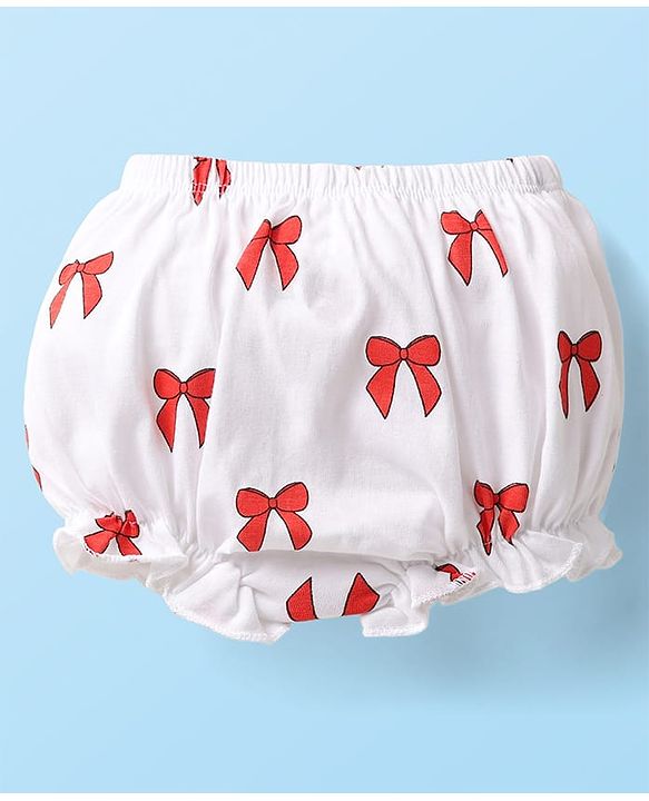 Babyhug 100% Cotton Knit Teddy Bear Polka Dot & Bow Printed Bloomers Pack of 3 - White & Red