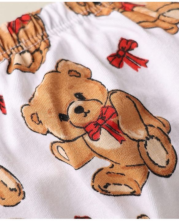 Babyhug 100% Cotton Knit Teddy Bear Polka Dot & Bow Printed Bloomers Pack of 3 - White & Red