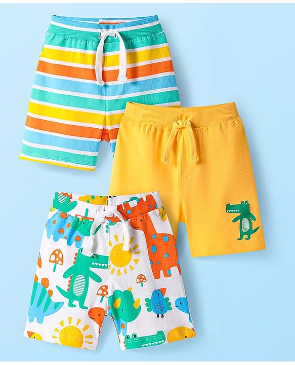 Babyhug Cotton Knit Mid Thigh Lenght Shorts with Dino Print & Stripes Pack of 3 - Yellow & White