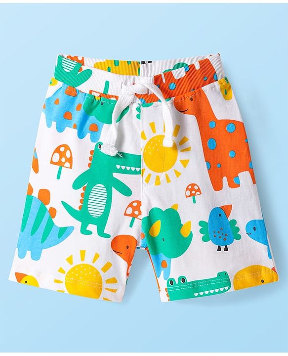 Babyhug Cotton Knit Mid Thigh Lenght Shorts with Dino Print & Stripes Pack of 3 - Yellow & White