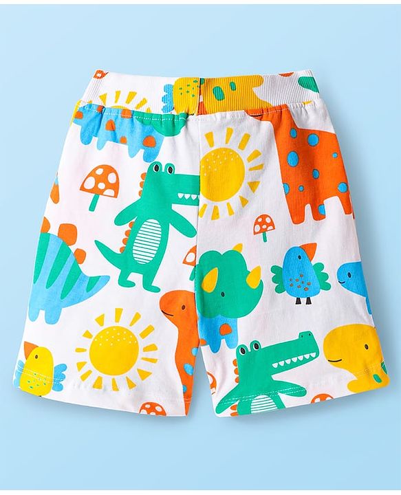 Babyhug Cotton Knit Mid Thigh Lenght Shorts with Dino Print & Stripes Pack of 3 - Yellow & White